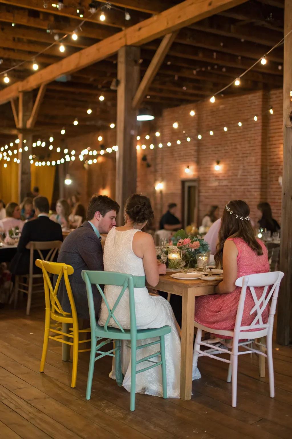 Mismatched chairs bring a unique and relaxed feel to a wedding reception.