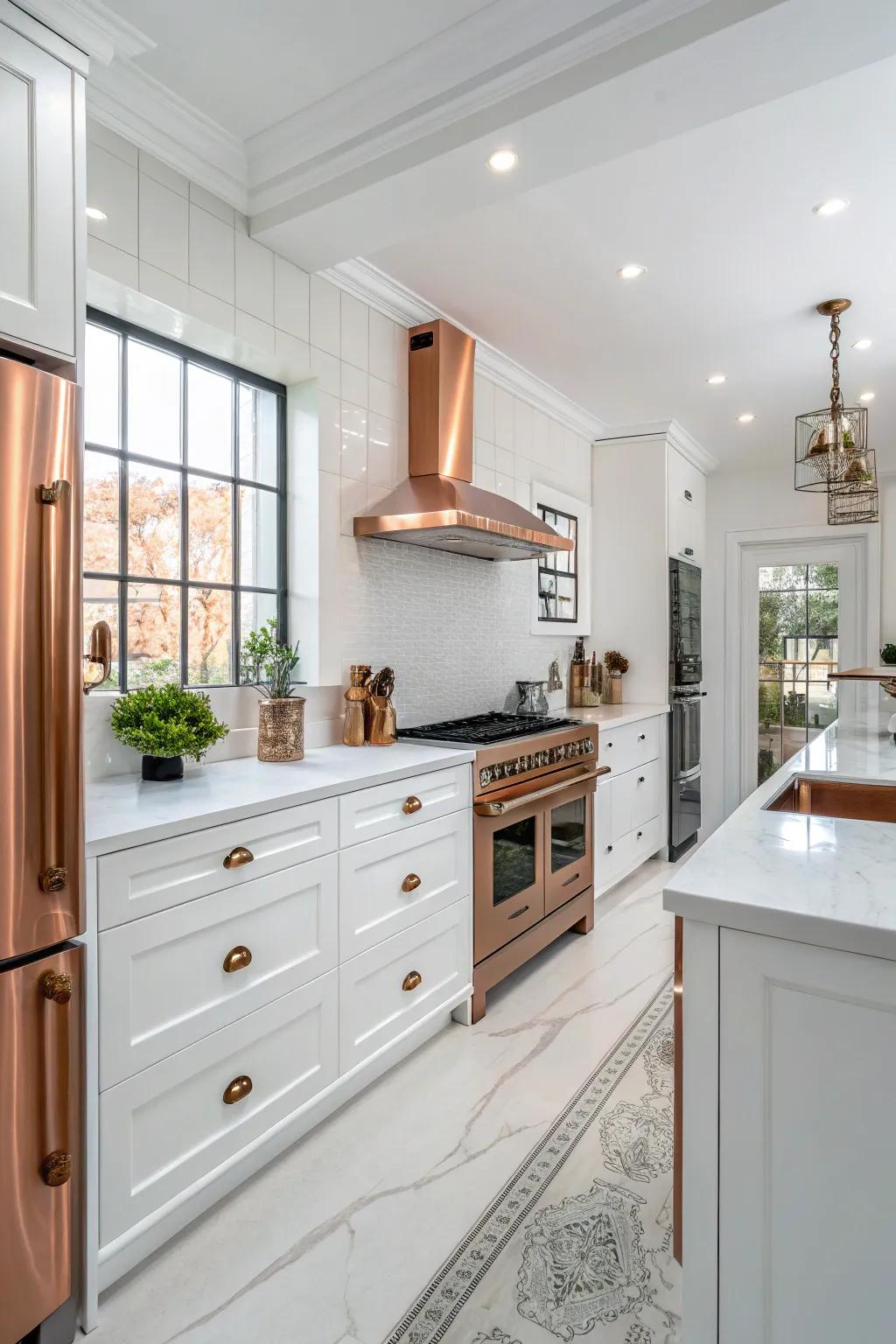 Copper appliances add a modern twist to a classic kitchen design.