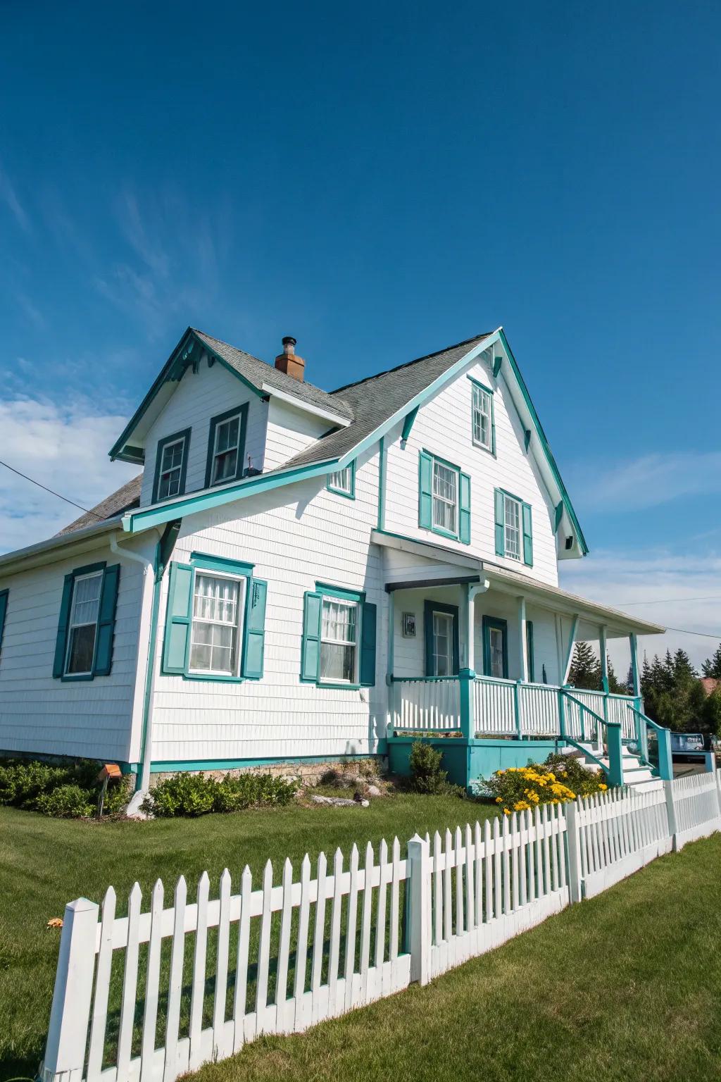 Teal trim adds a playful yet elegant touch to this stylish white home.