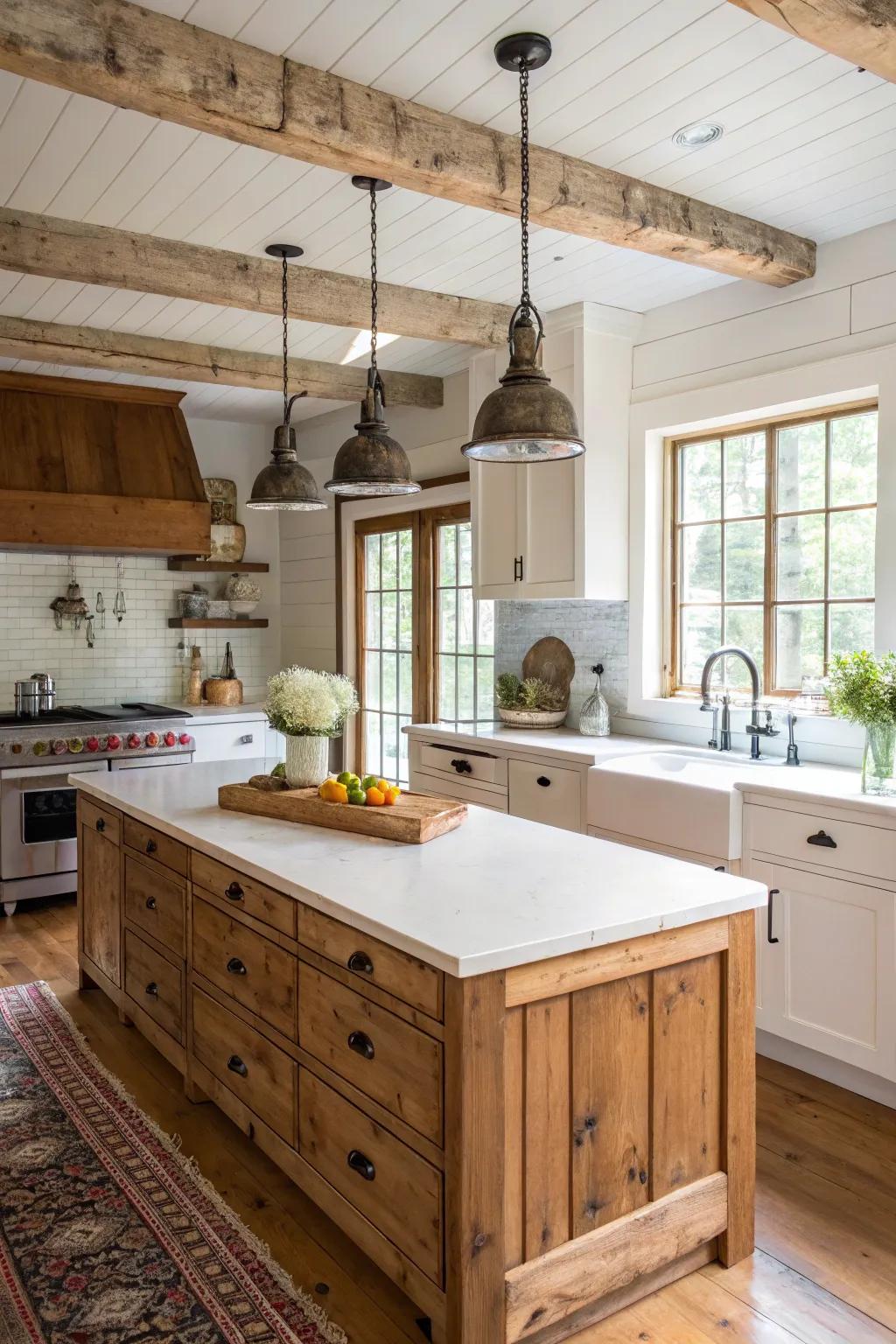 Combining white countertops with a butcher block island adds rustic charm.