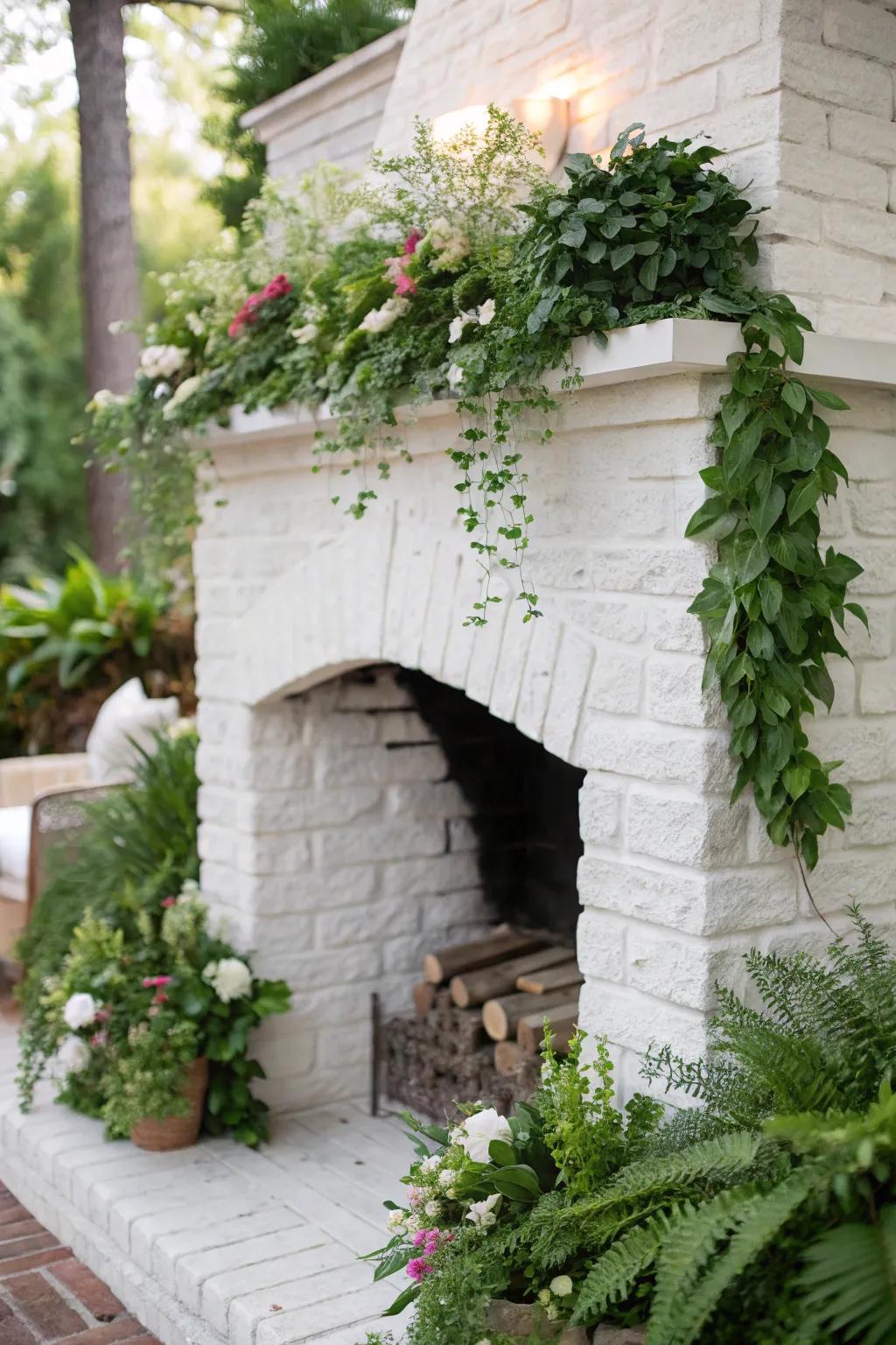 Lush greenery enhancing a whitewashed brick fireplace.