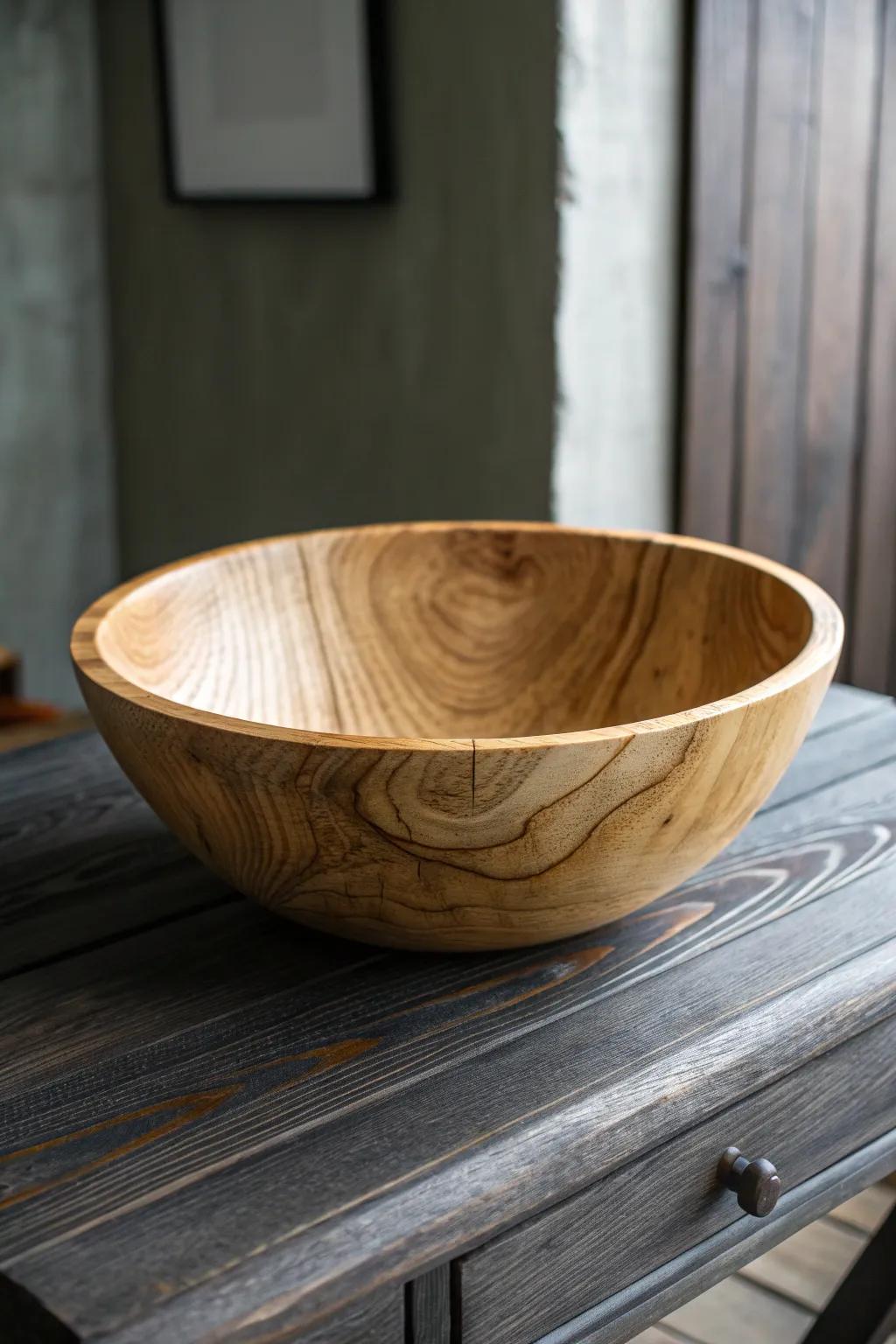 Elevate your space with the rustic elegance of a handcrafted wooden fruit bowl, where artistry meets functionality.