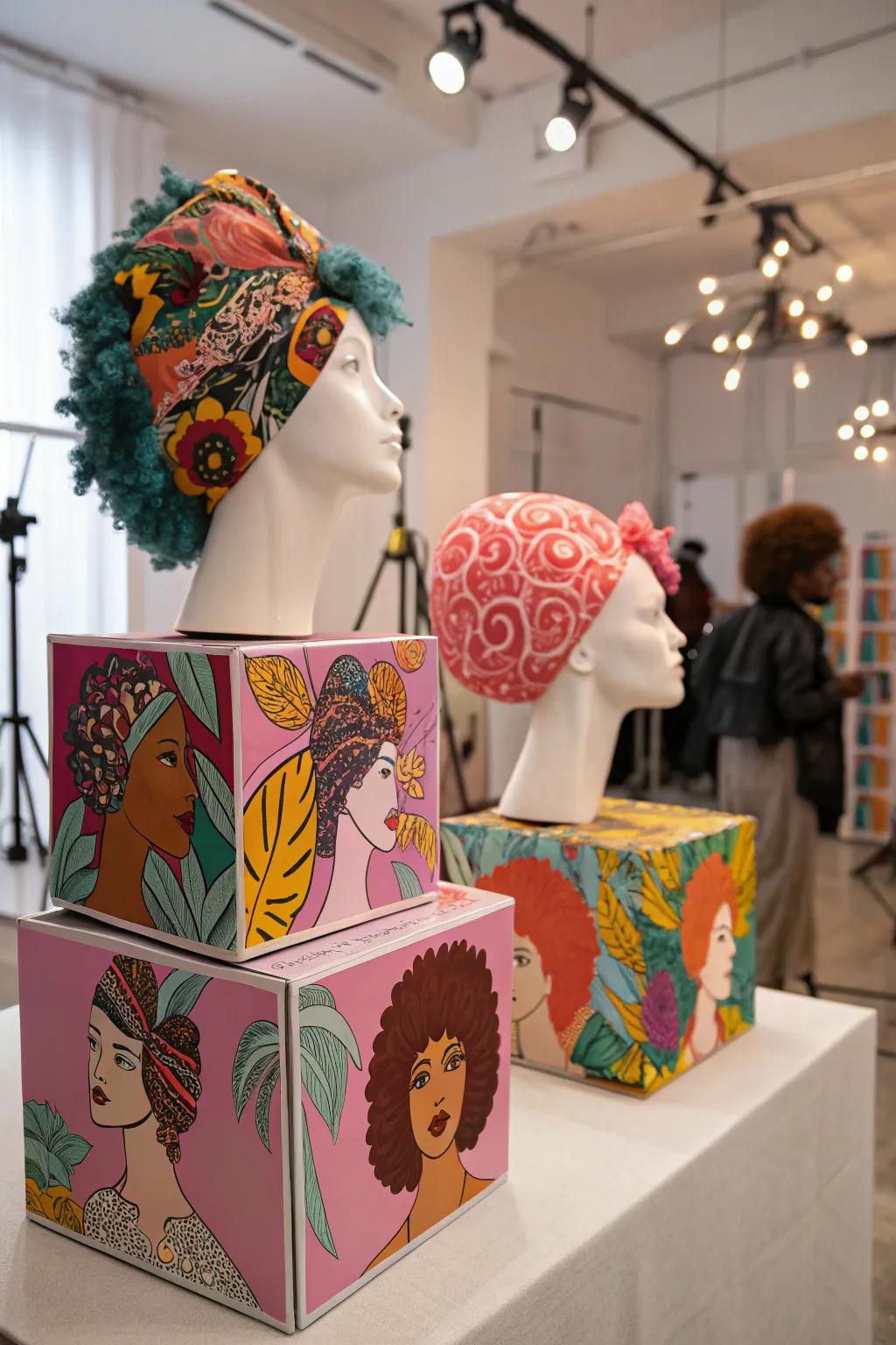 Artistically printed boxes making a bold statement.