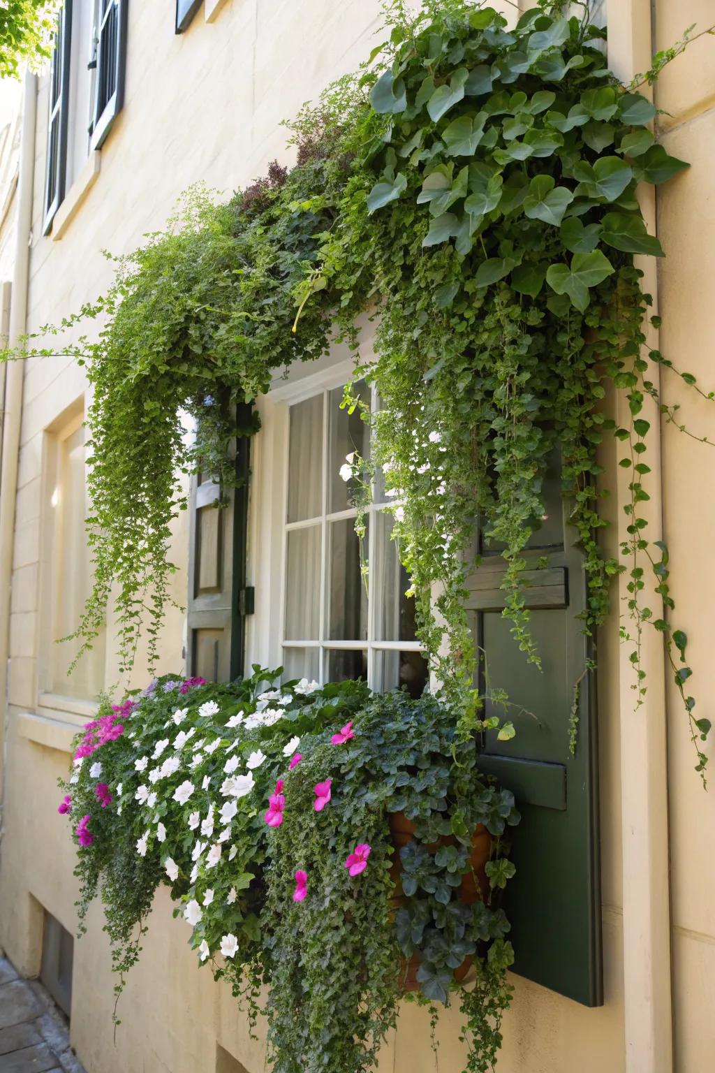 Trailing plants like ivy add a dramatic and lush cascading effect to any window box.