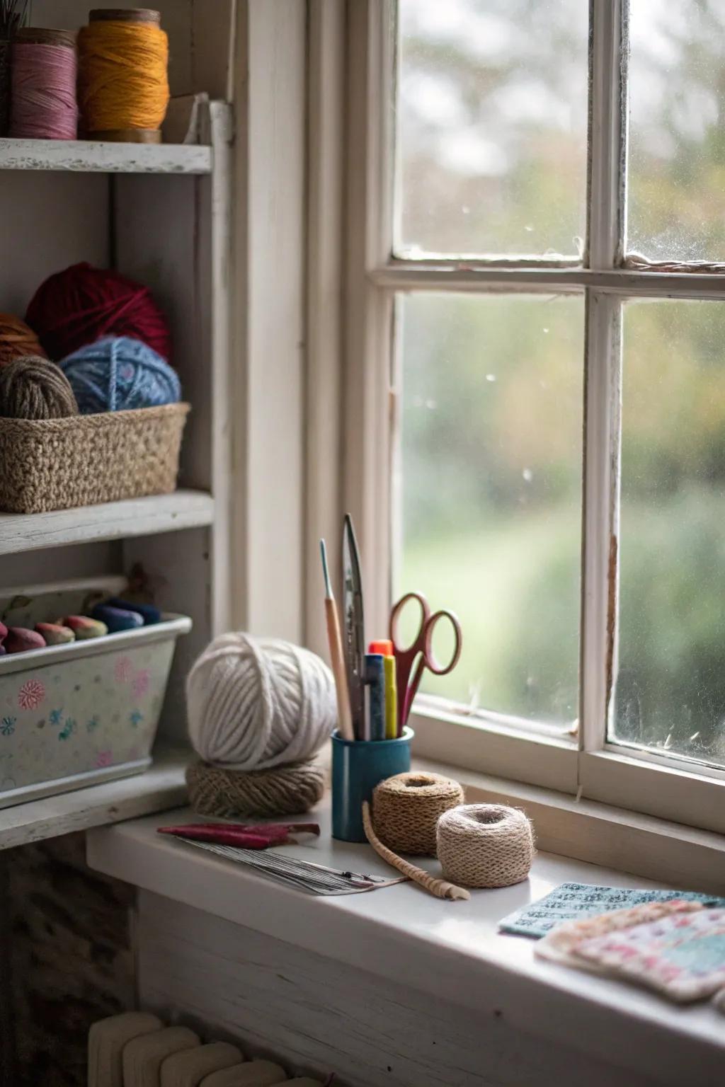 A craft space by the window inspires creativity.