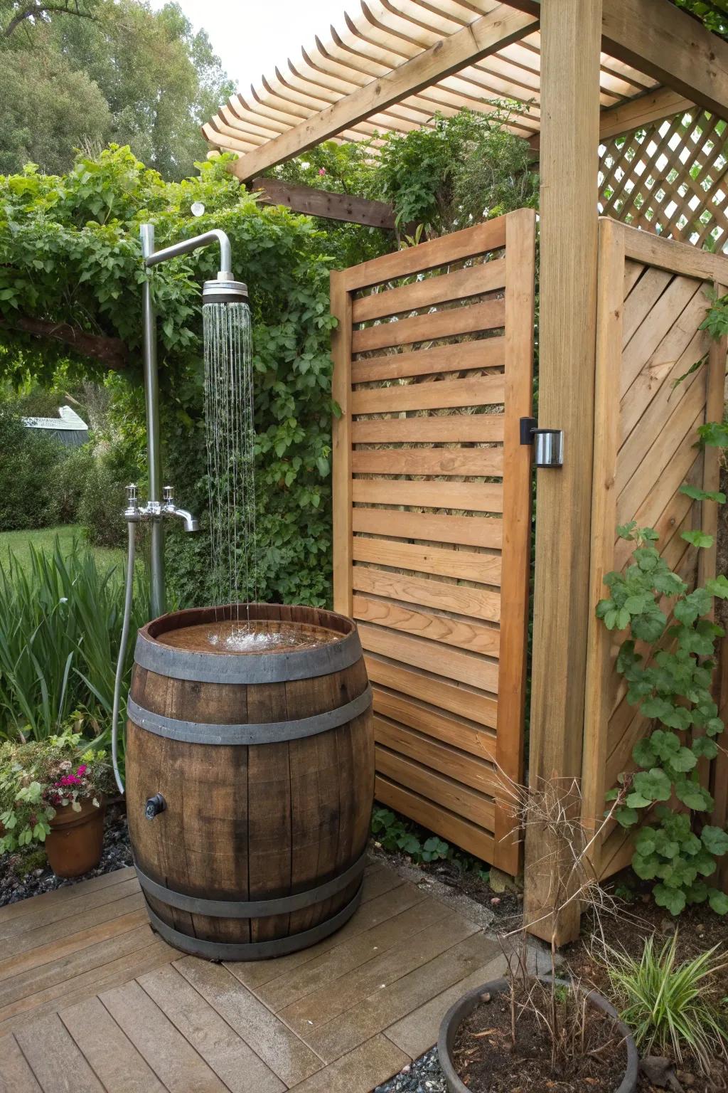 A wine barrel outdoor shower adds a touch of luxury to your garden.