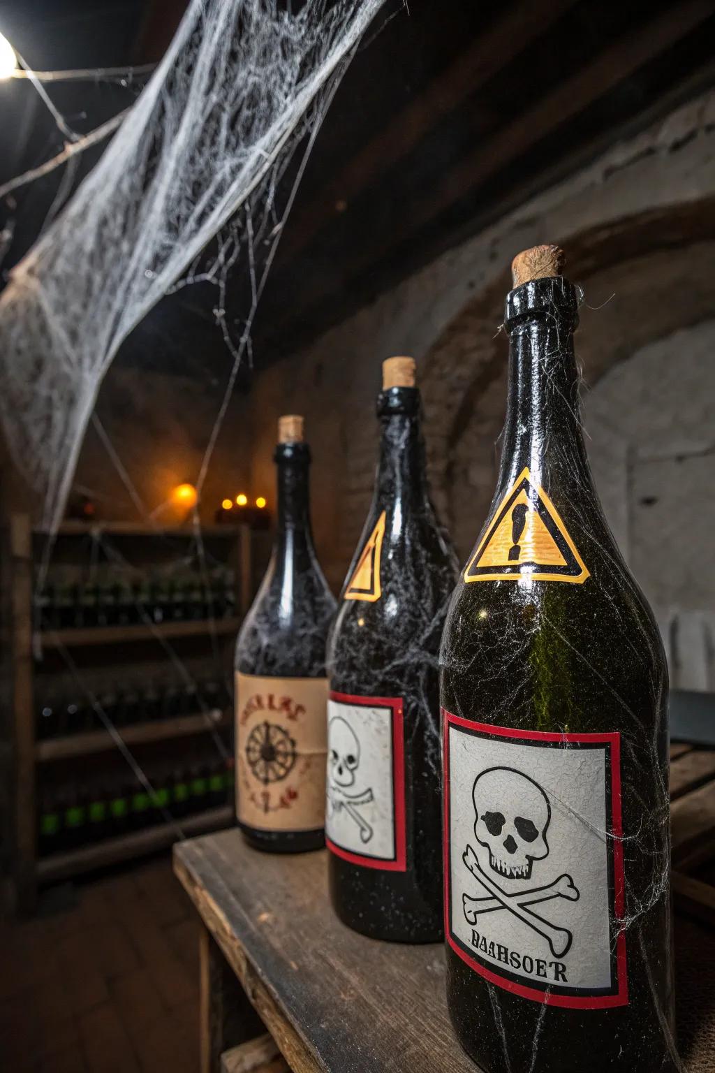 Create spooky decor with Halloween-themed bottles.