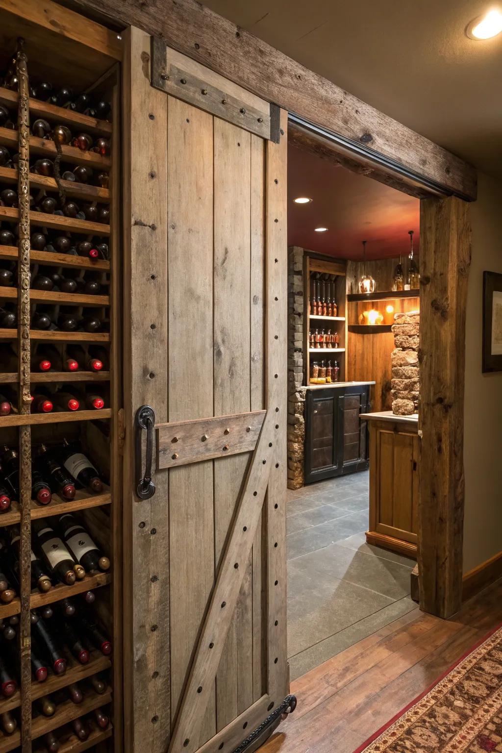 A wine closet with a charming sliding barn door