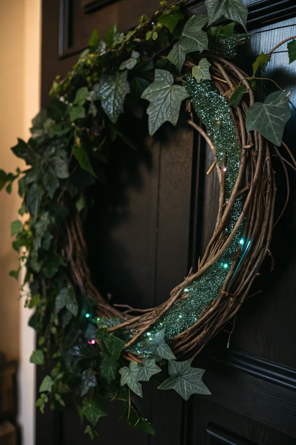 Glitter adds a glamorous sparkle to this winter wreath.