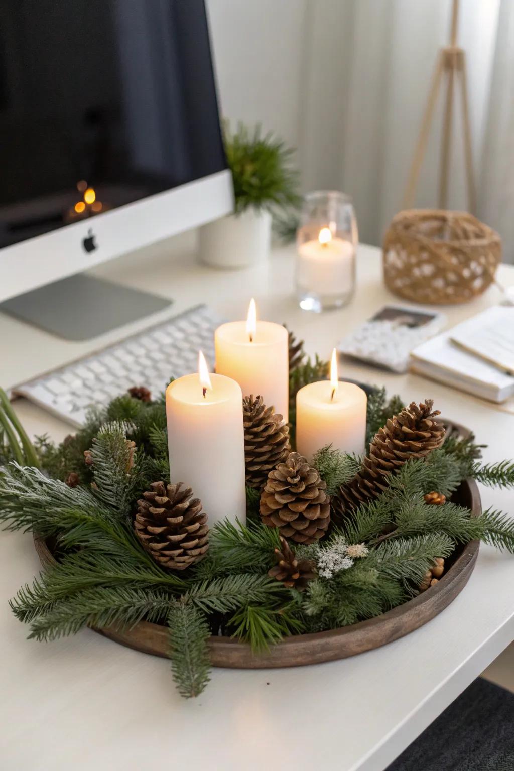 A winter centerpiece adds elegance and seasonal charm.