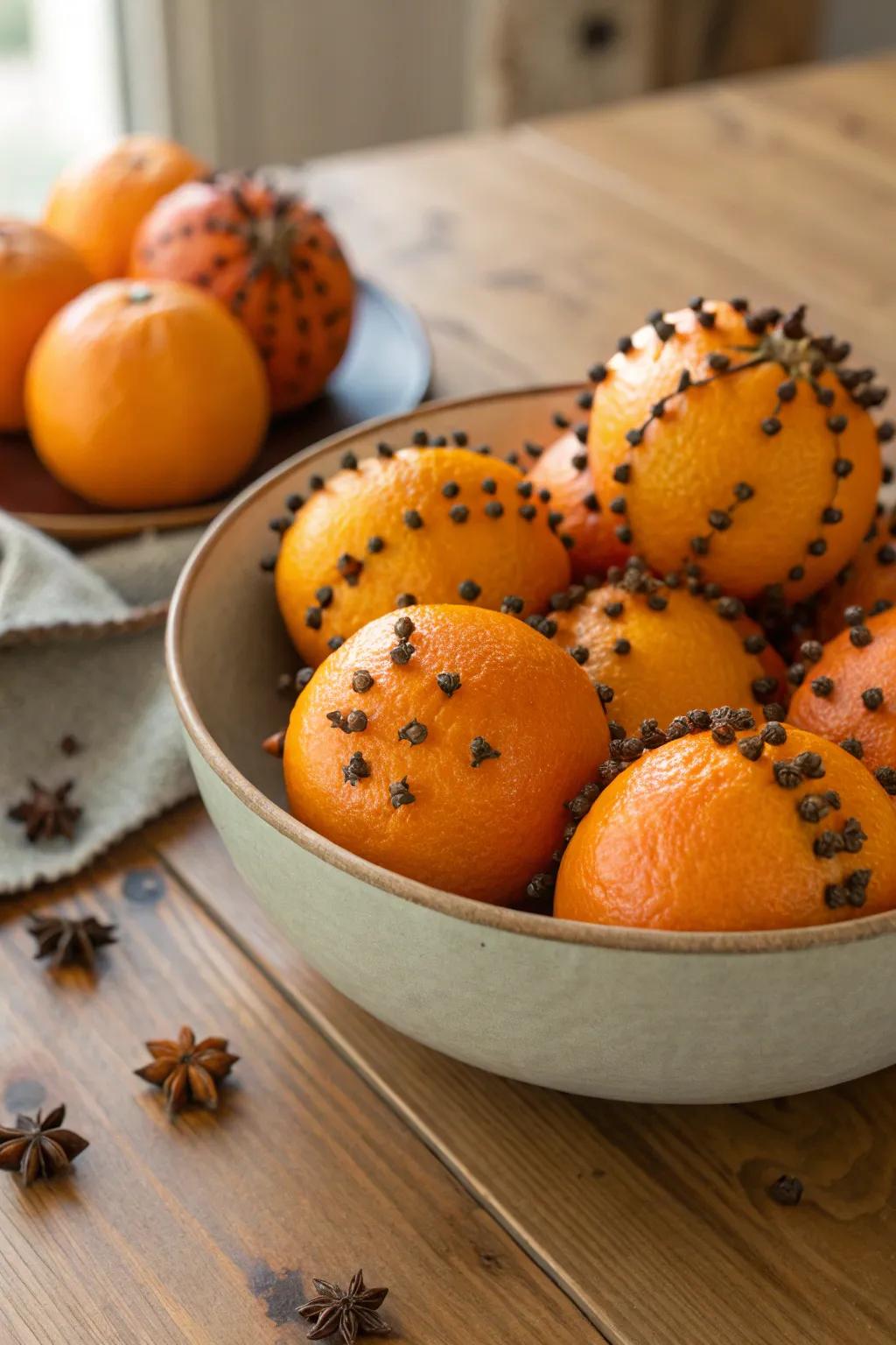 Orange pomanders add a fragrant and festive touch to your home.