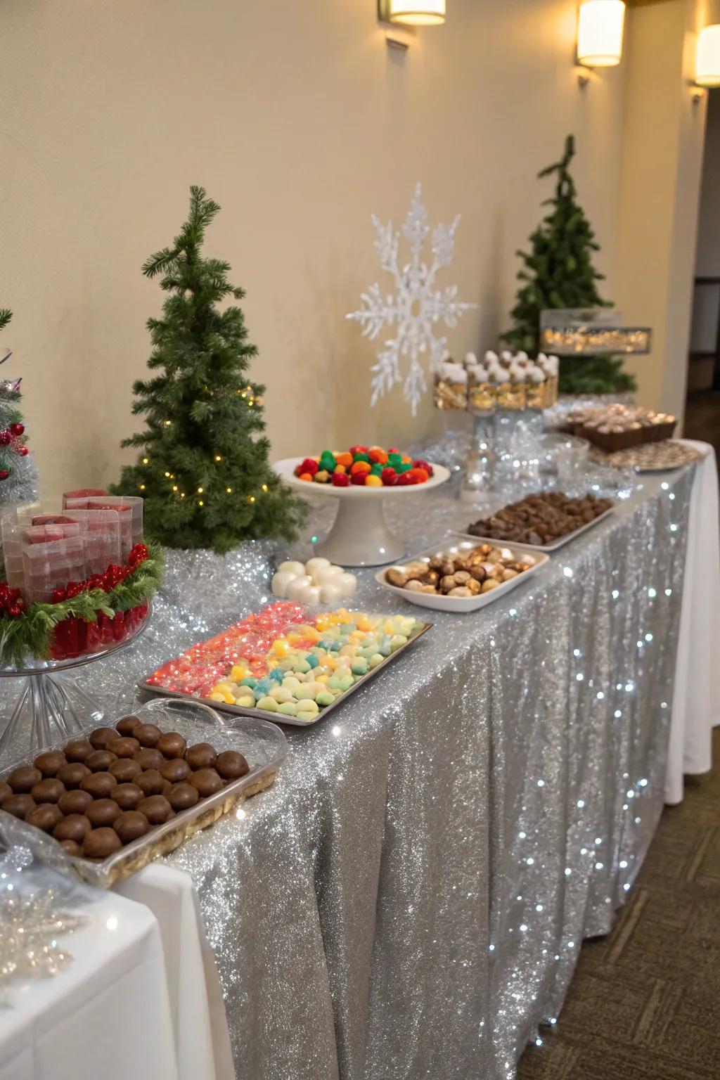 A silver sequin tablecloth that shimmers like snow.