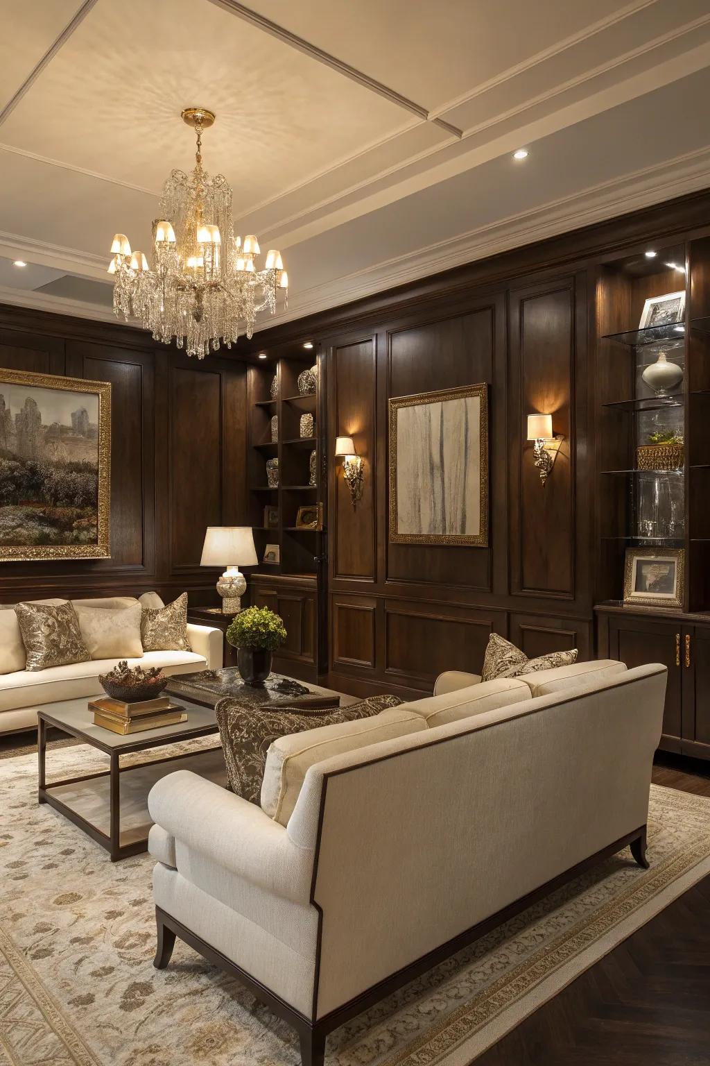 An elegant living room with a dark wood accent wall.