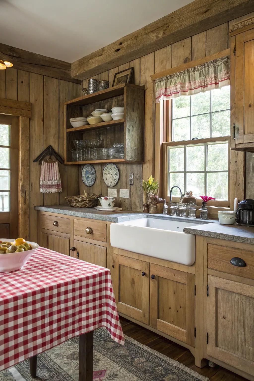 A country kitchen featuring a charming beadboard wood backsplash.