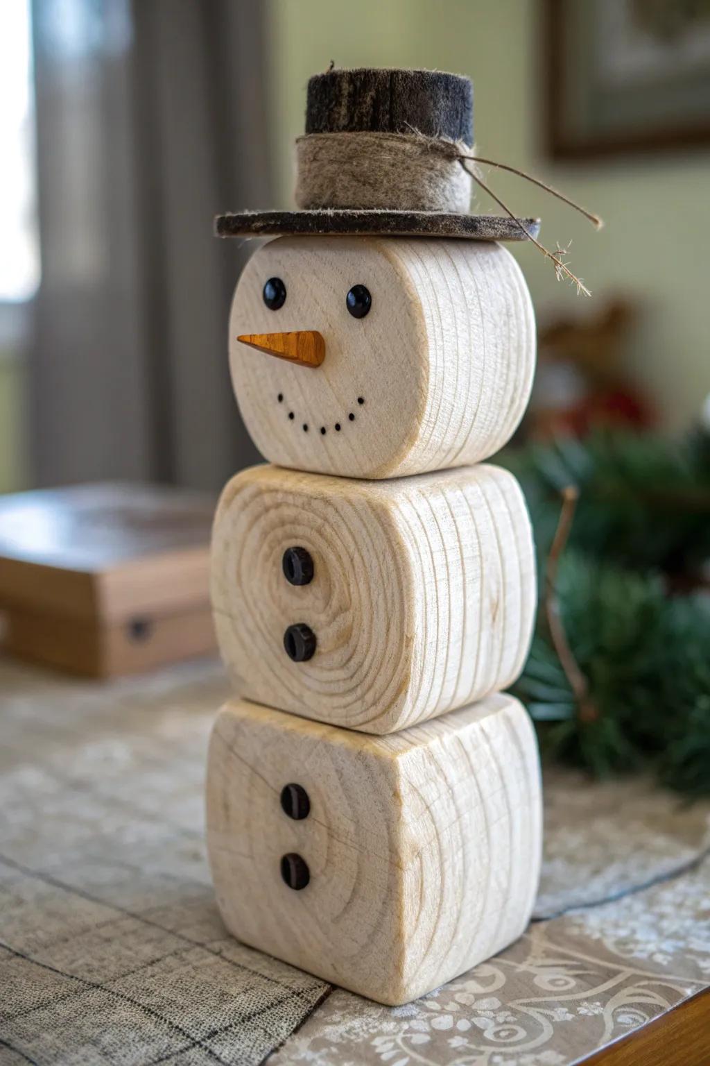 Embrace winter's charm with this handcrafted wooden block snowman, a testament to timeless craftsmanship.