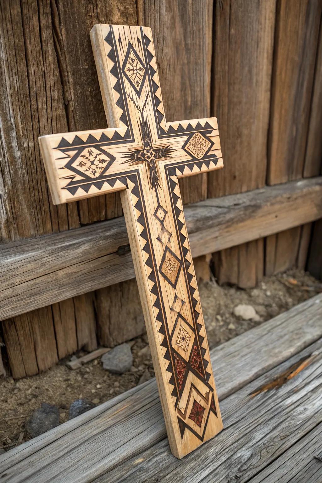 Tribal patterns bring bold and earthy vibes to wooden cross designs.