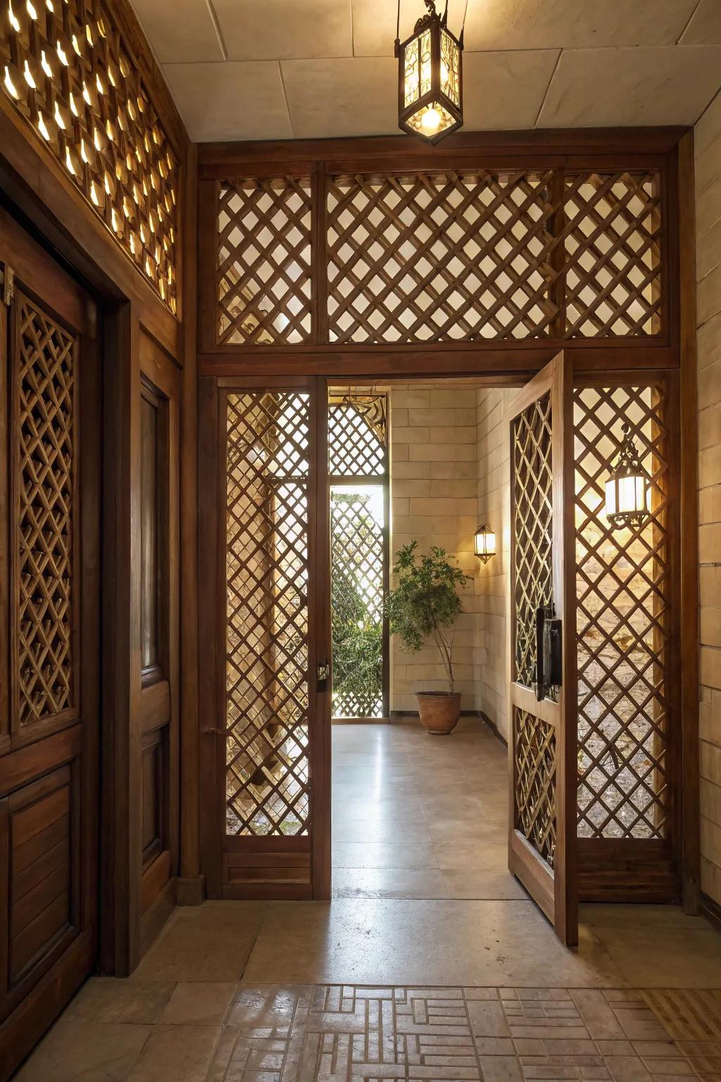 Entryway featuring a charming lattice wood panel wall.