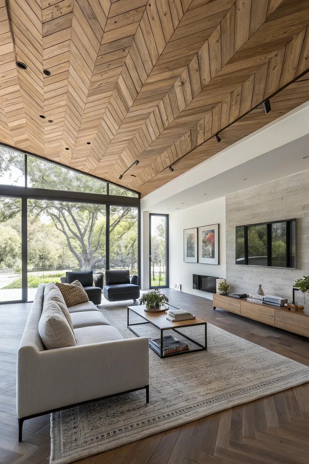 A herringbone pattern adds a modern twist to this wood ceiling.