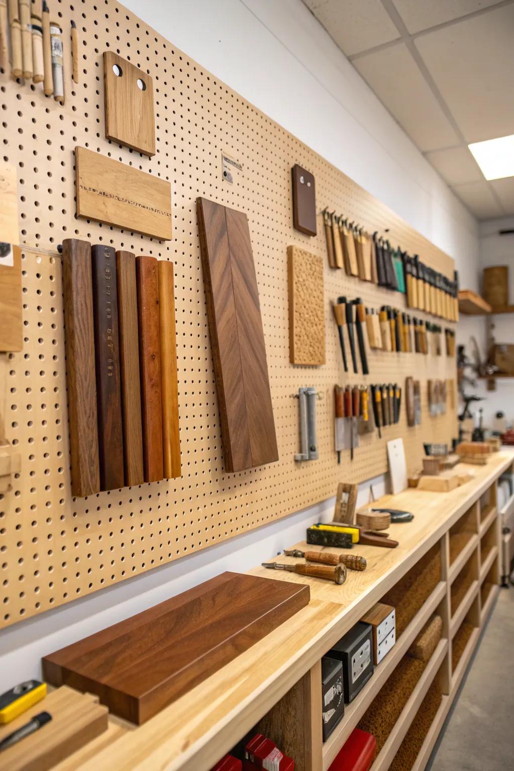 Transform your workshop with a pegboard wall that keeps your wood scraps organized and accessible.