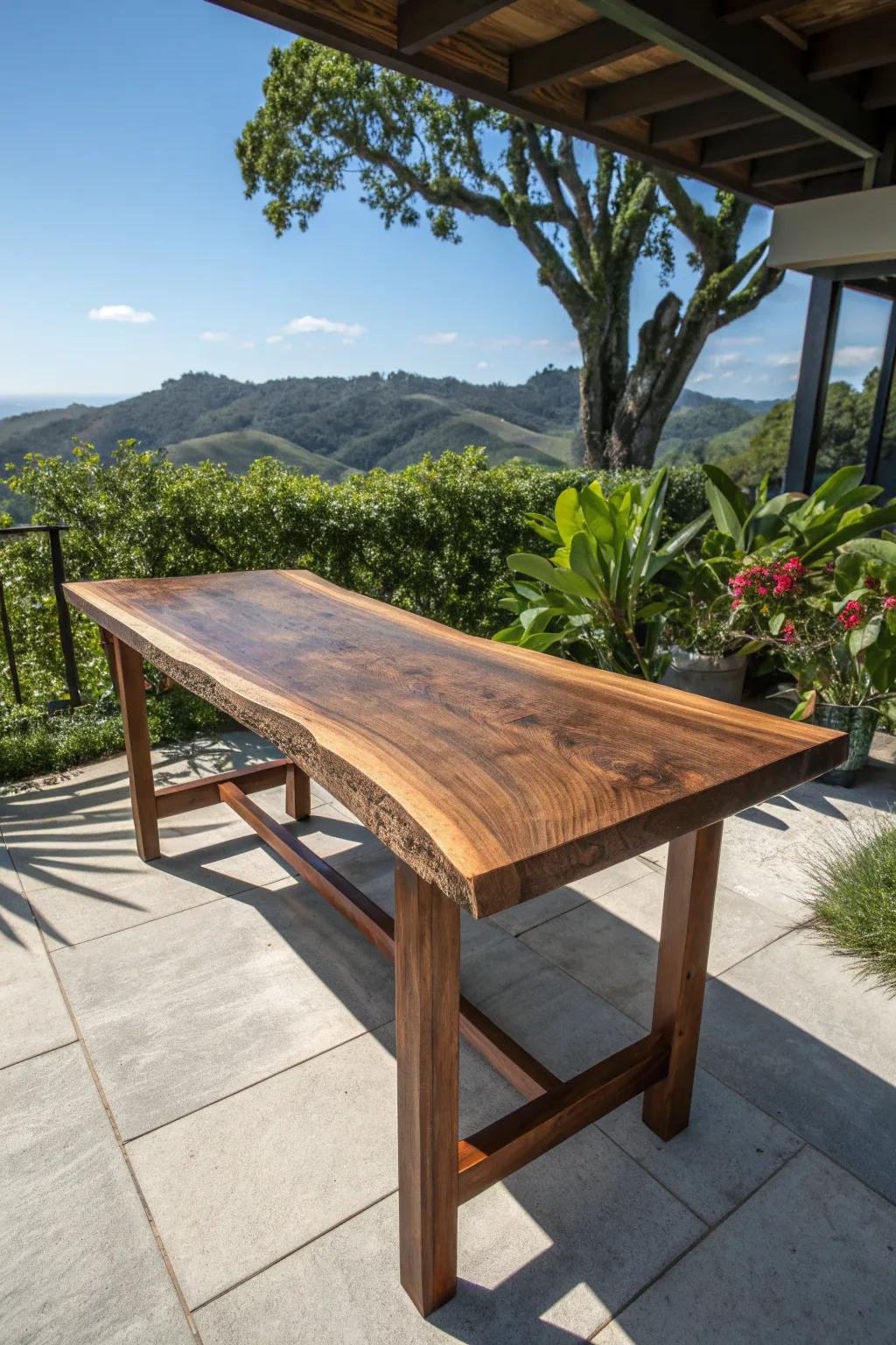 Elevate your work-from-home experience with a stunning wood slab desk that brings the office outdoors.