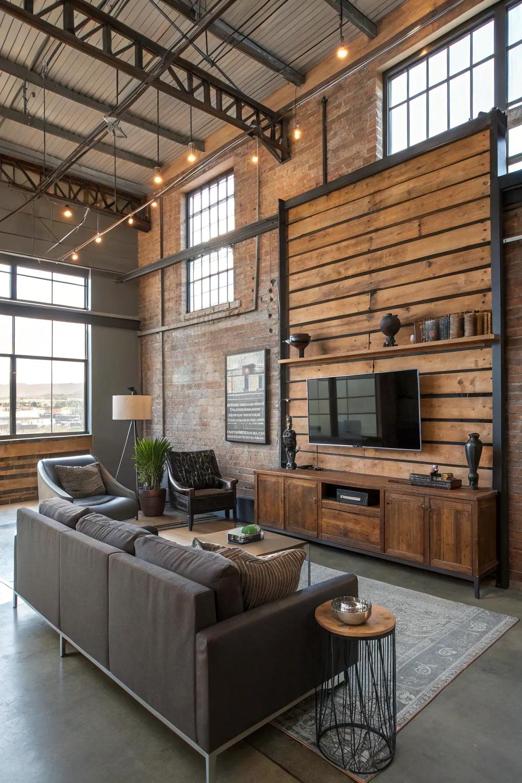 Wood and metal combine for an industrial-chic TV wall.