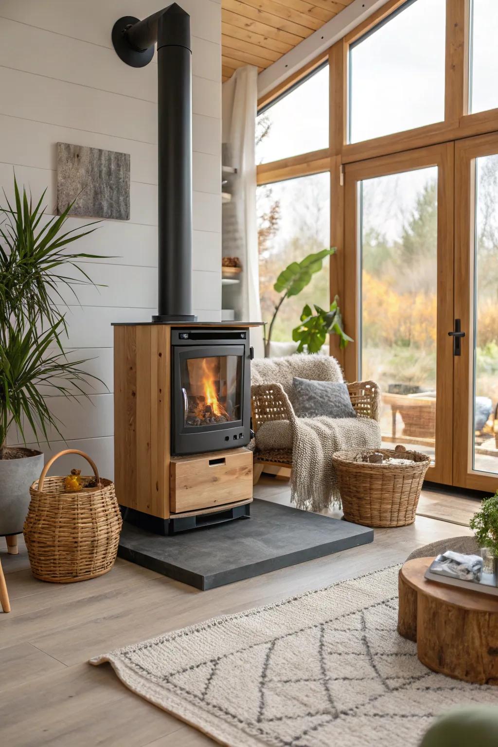 An eco-friendly wood stove provides both style and sustainability in this modern space.