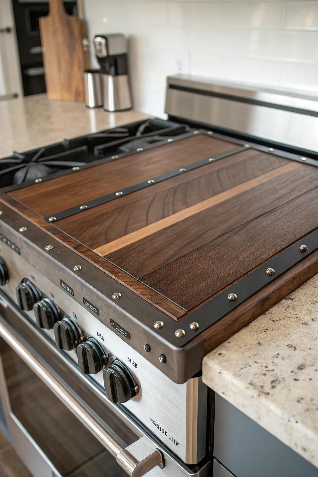 Elevate your kitchen decor with this industrial-style wood stove top cover, where metal meets wood in perfect harmony.