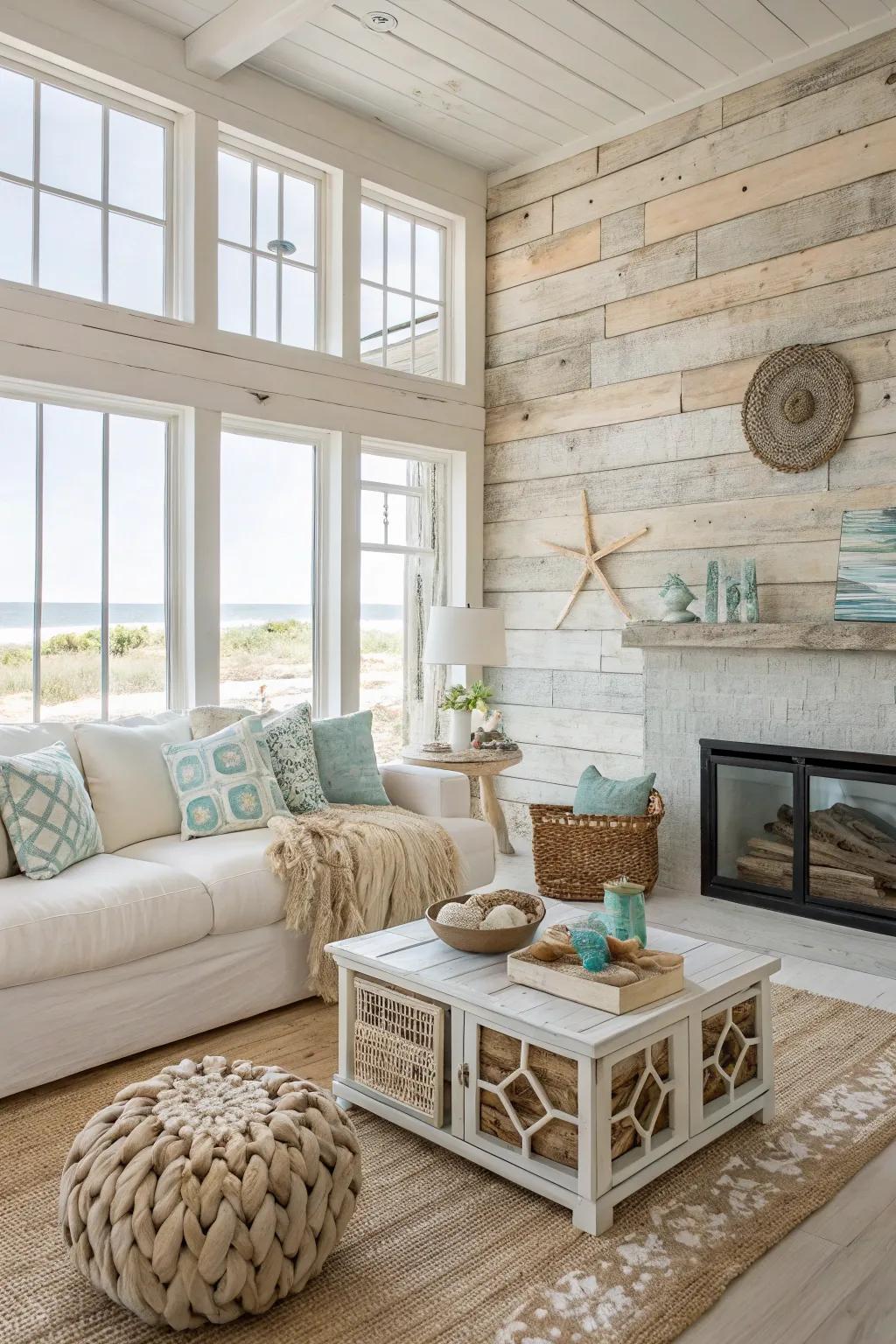 Coastal living room with earthy horizontal wood planks.