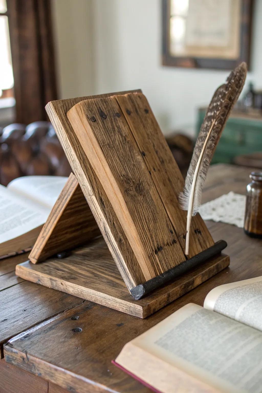 Embrace the story of reclaimed wood with this rustic book stand, where history meets craftsmanship.