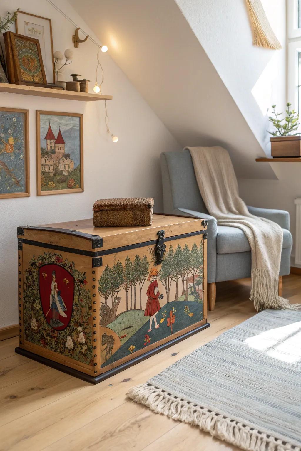 Transform your space with a touch of magic through storybook art on a wooden chest.