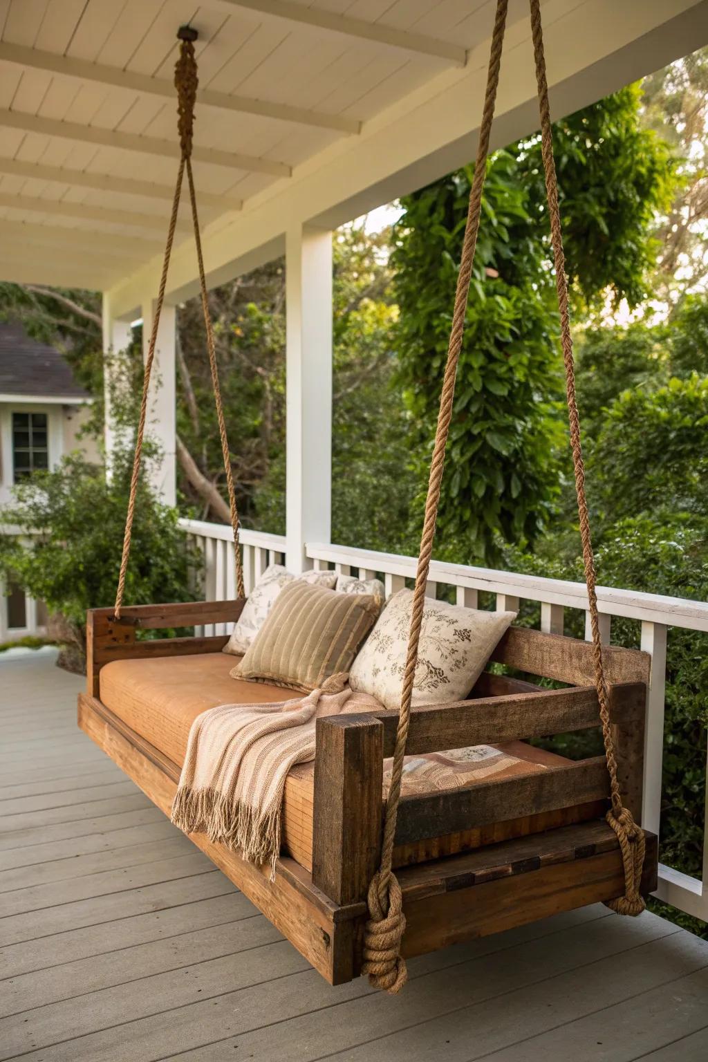 Ultimate relaxation: Craftsmanship meets comfort in this stunning pallet swing bed.