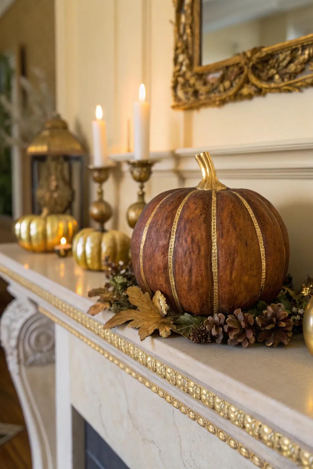 Gilded edges add a luxurious touch to your wooden pumpkin.