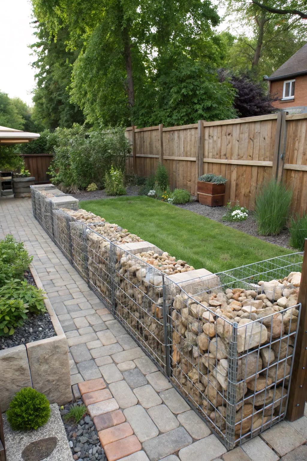 Gabion walls provide an industrial chic look with unique texture.