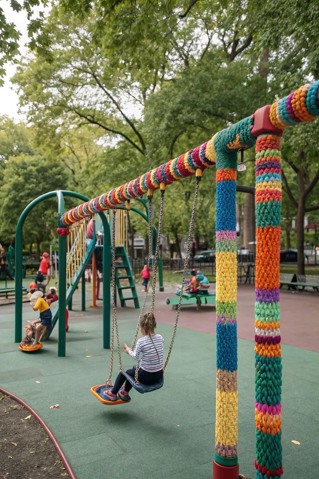 Yarn-bombed playground equipment sparks joy for children.