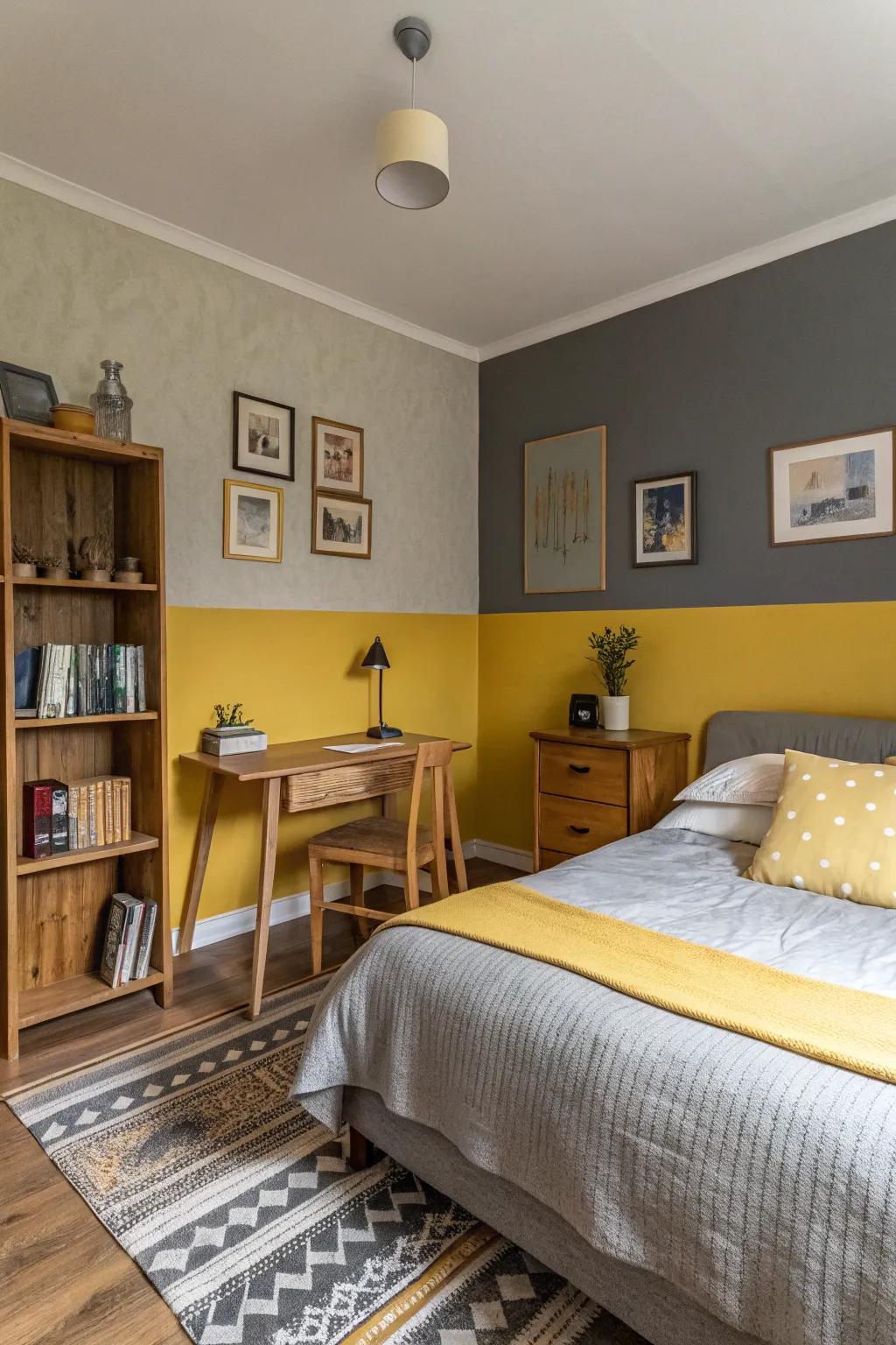 Two-tone walls create visual interest and balance in the bedroom.