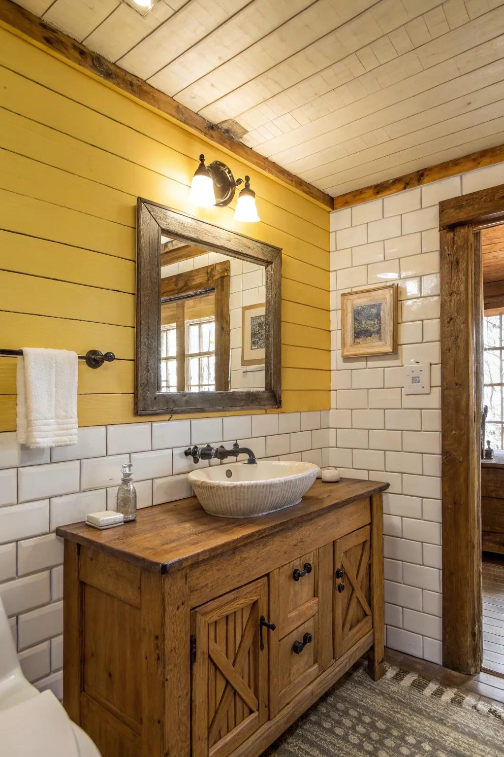 A rustic bathroom with a harmonious mix of yellow shiplap and subway tiles.