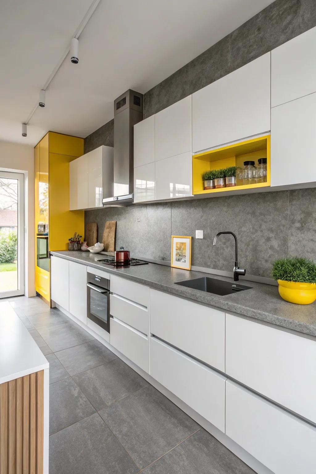 Grey countertops offer a sophisticated base for cheerful yellow accents.