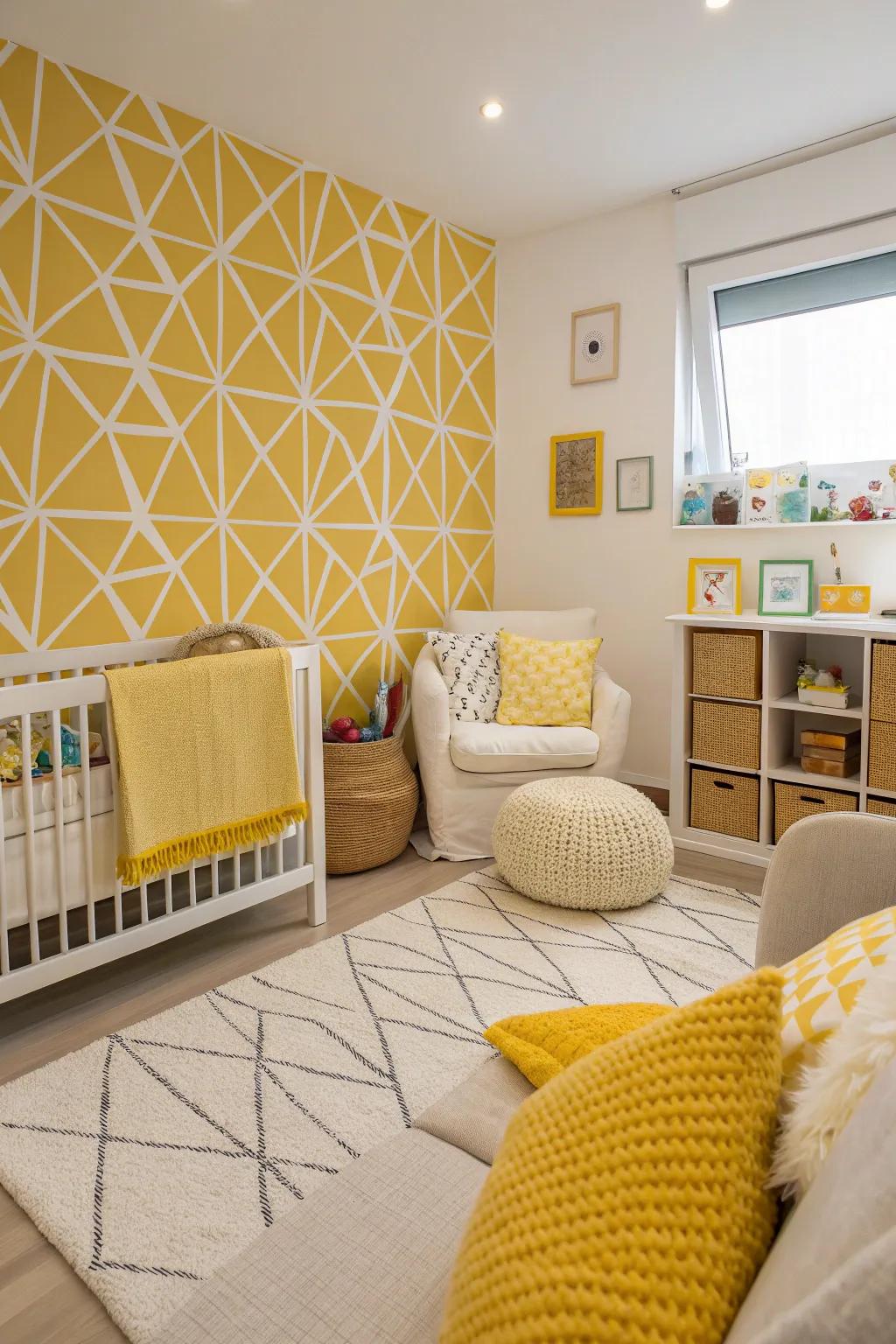 Geometric yellow patterns add a modern flair to this vibrant nursery.