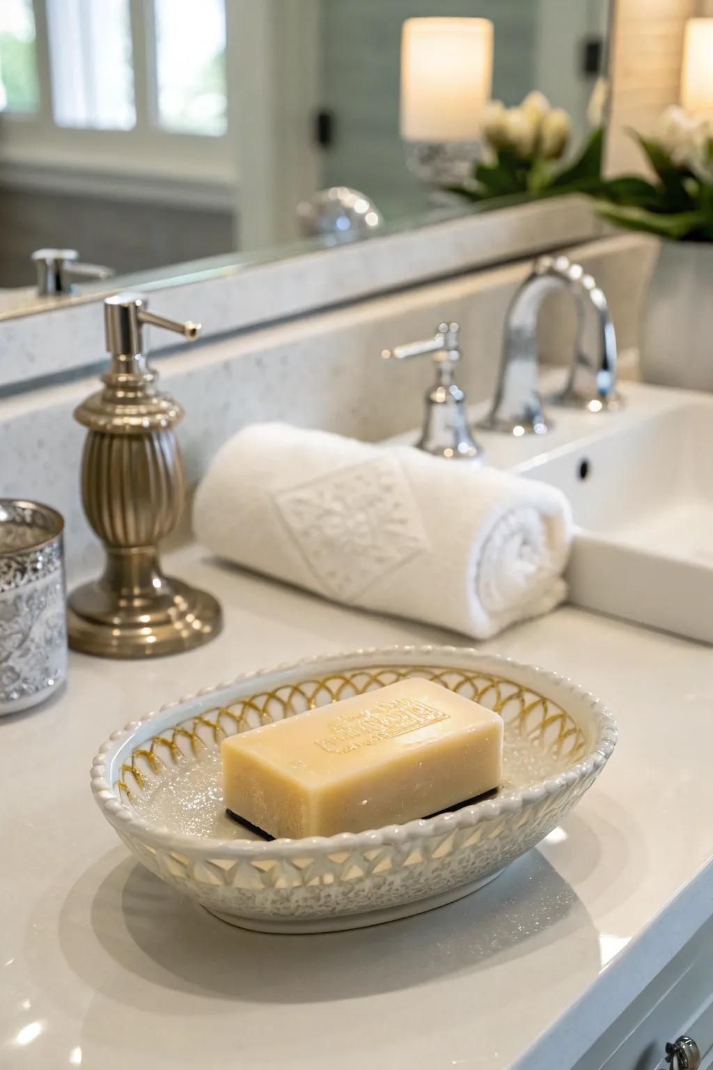 Enhance your bathroom with a porcelain soap dish.