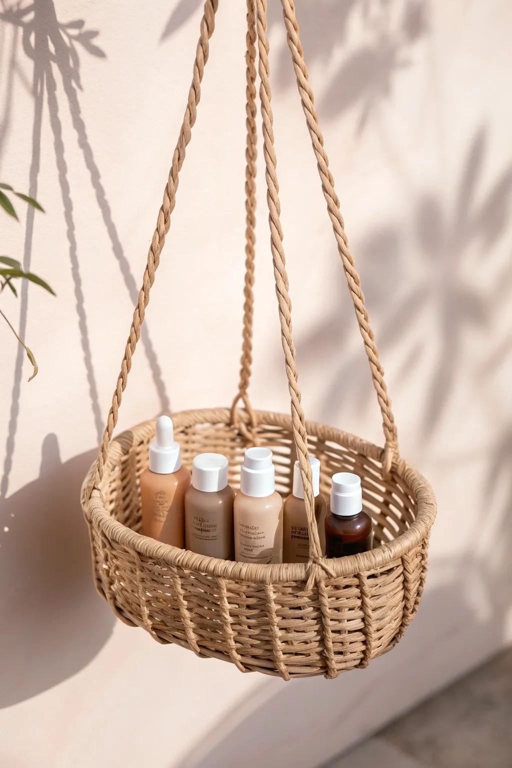 Elevate your workspace with the natural beauty of hanging baskets for chic and efficient paint storage.