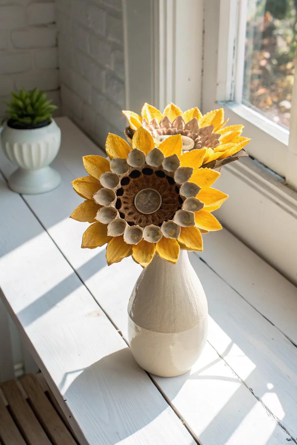 Bring a touch of sunshine indoors with these charming egg carton sunflowers!