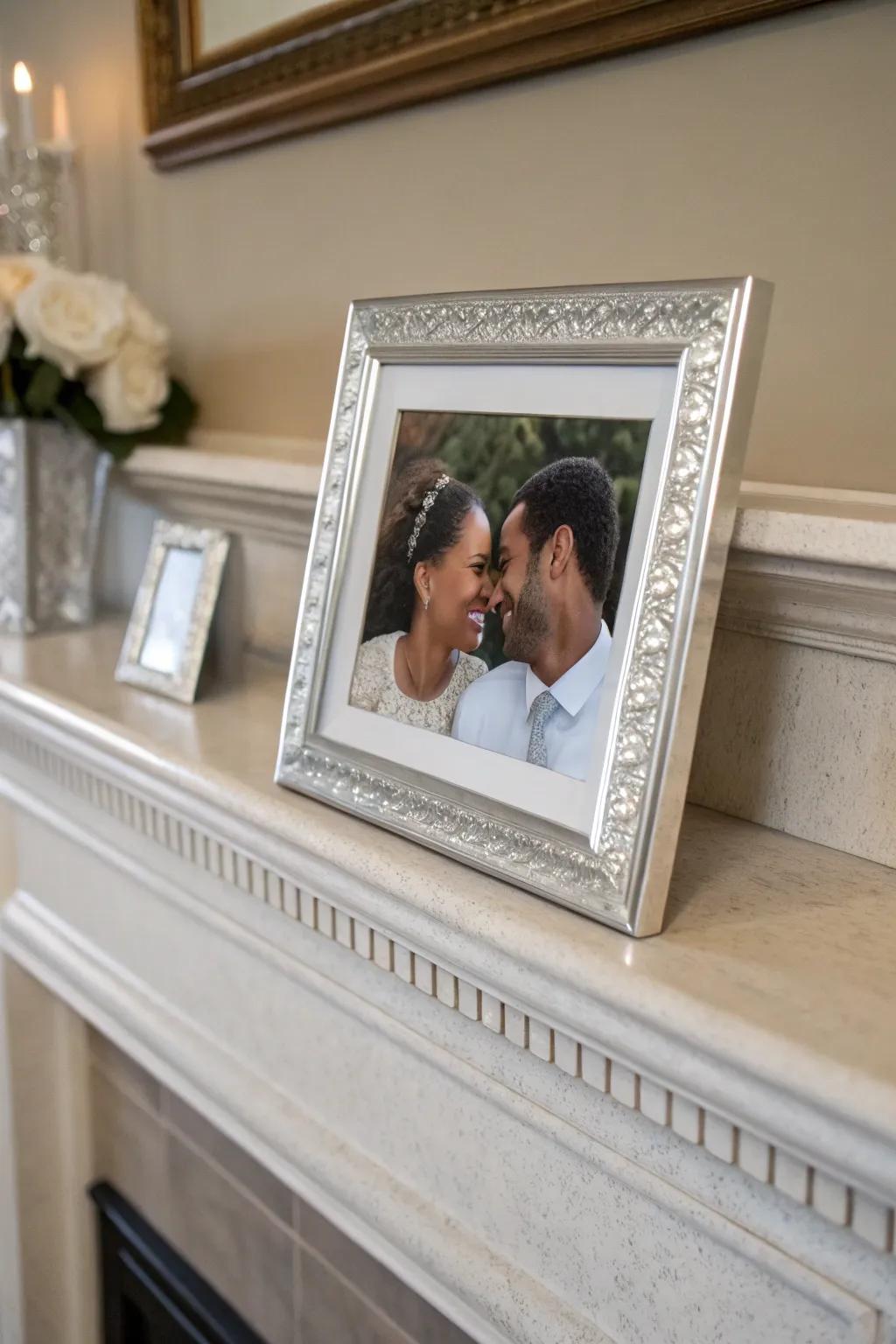 Celebrate special moments with a platinum-themed photo frame.