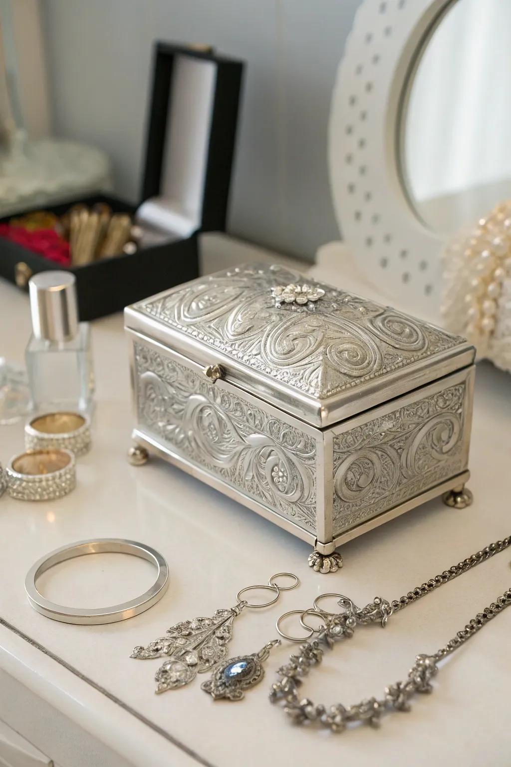 A silver keepsake box is perfect for storing cherished memories.