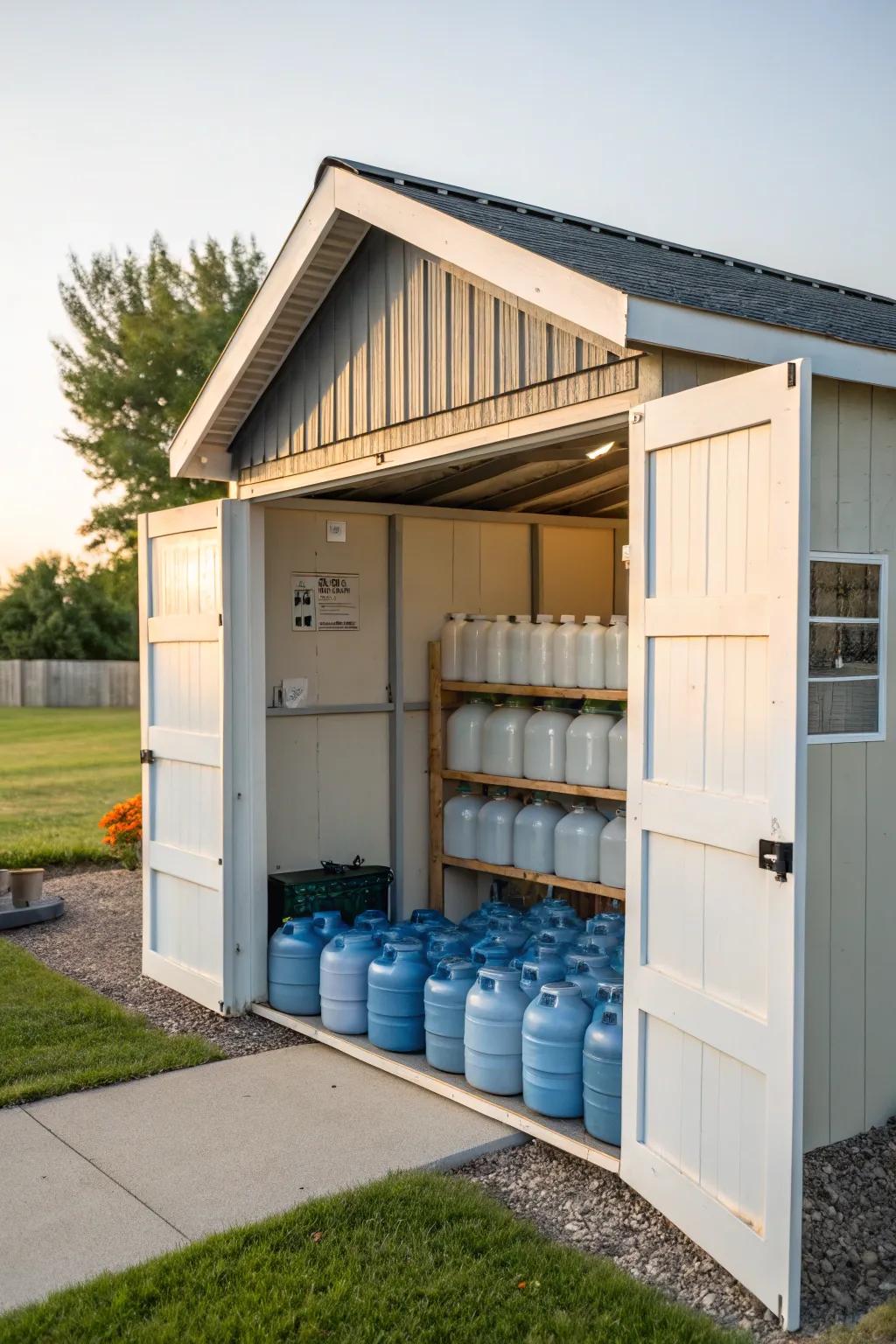 Outdoor sheds offer ample storage for water jugs.