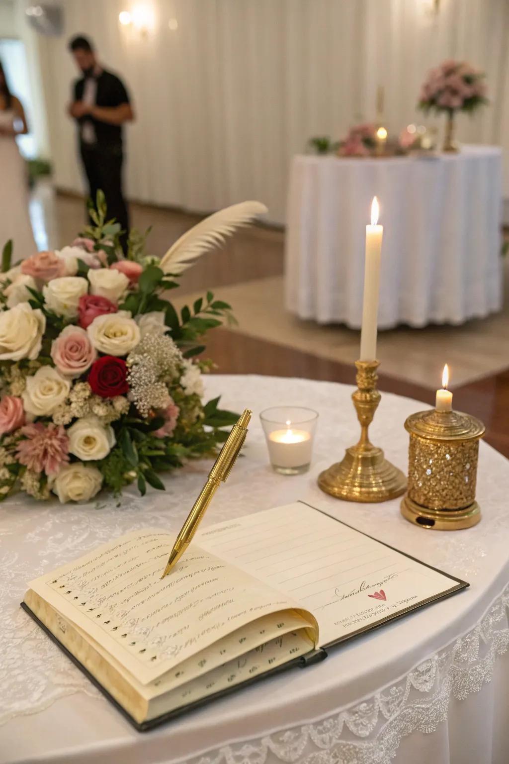 A beautifully decorated guestbook table welcomes guests to share their wishes.