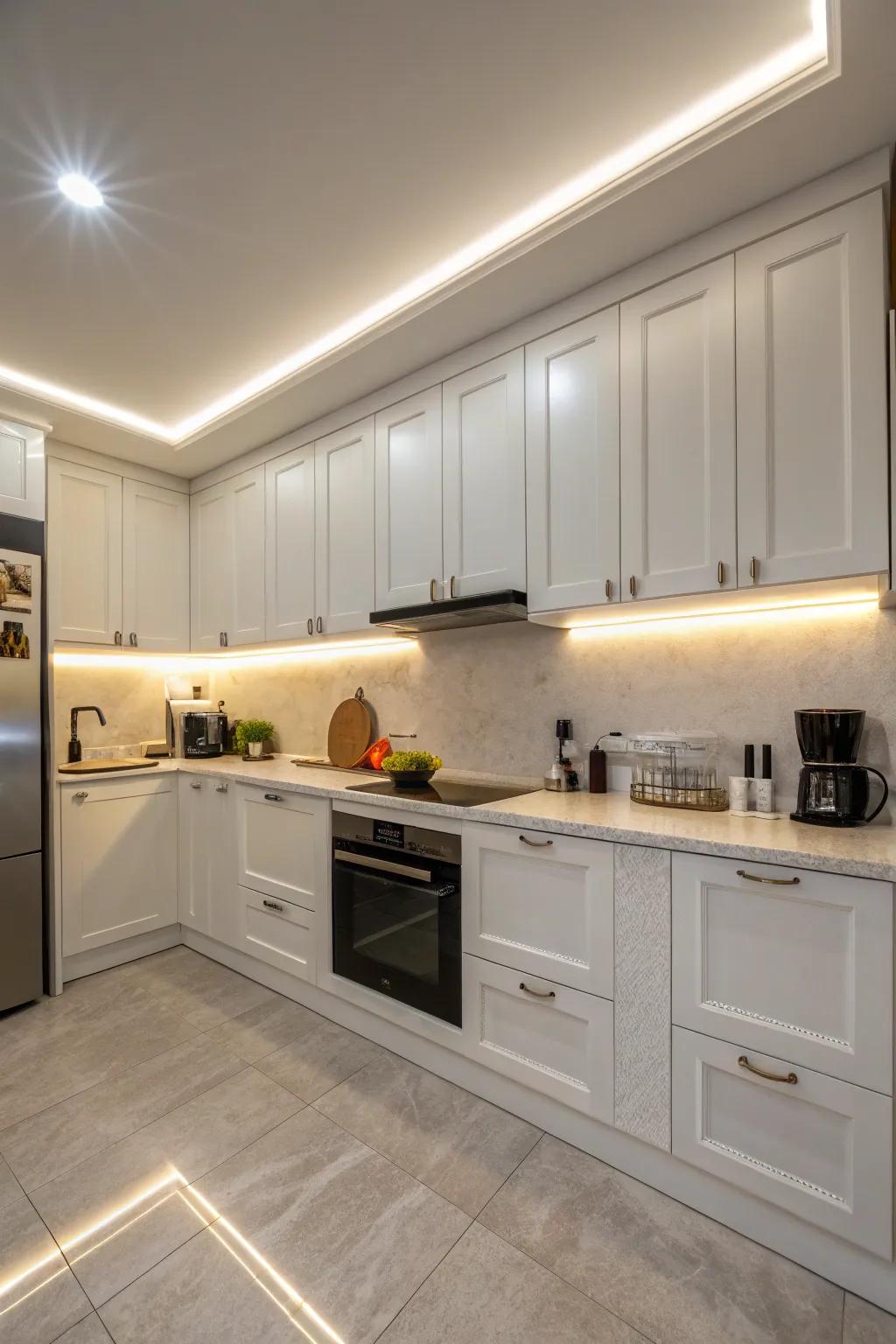 LED strip lighting enhances the kitchen with modern elegance.