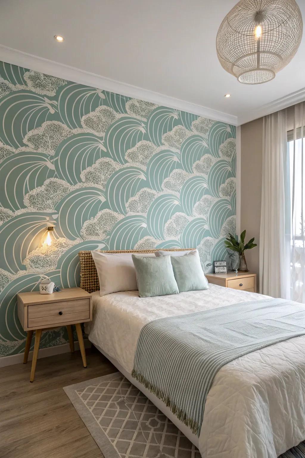 Wave-patterned wallpaper creates a serene, peaceful escape.