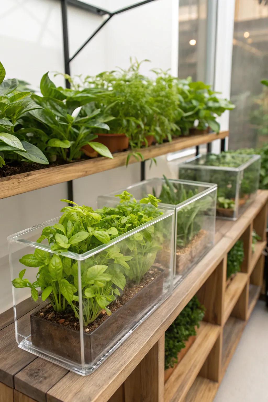 Acrylic planter boxes showcase plants with style.