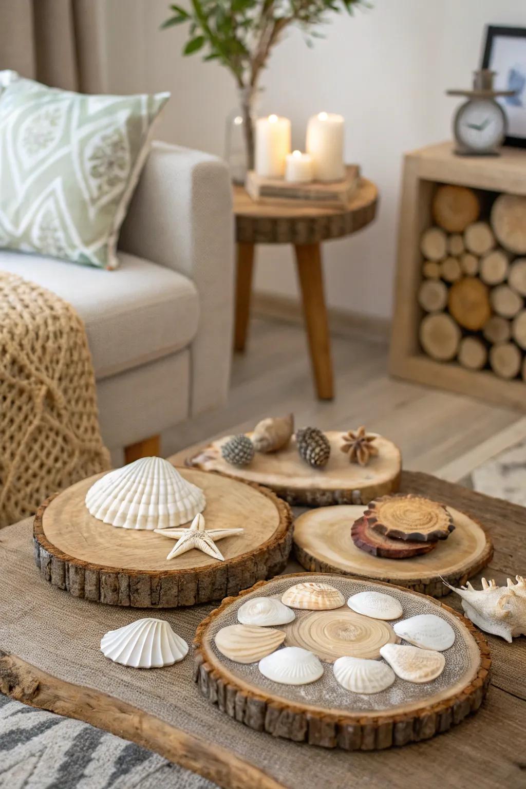 A nature-inspired collage with wood slices and shells.