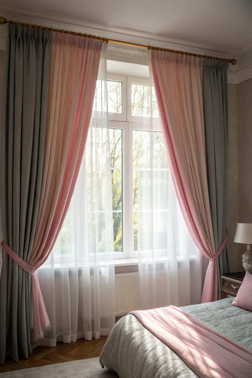 Grey and pink curtains elegantly frame the bedroom window.